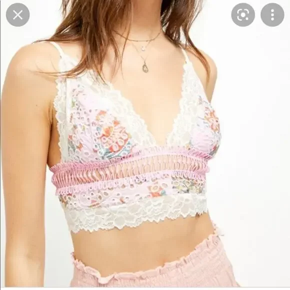 Free People Emma Soft Bra Blossom Combo Eyelet Bralette Pink White XS - Picture 4 of 4